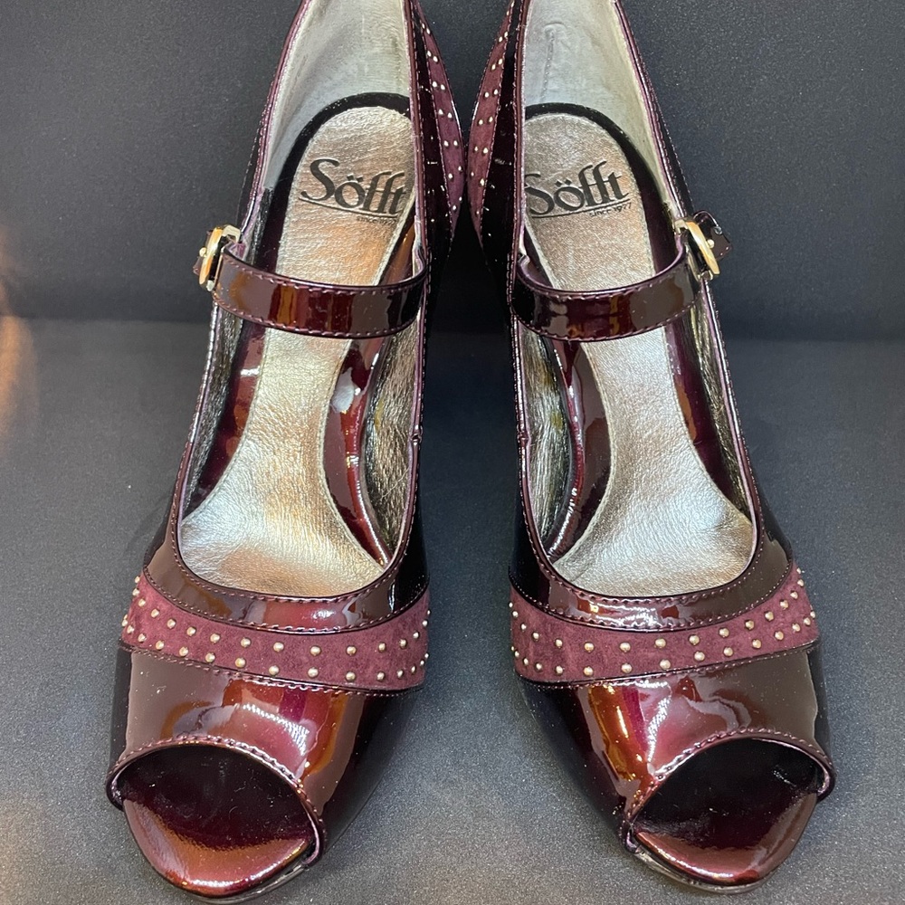 Sofft Burgundy Patent Mary Jane Peep-Toe Heels with Stud Accents - Picture 2 of 7